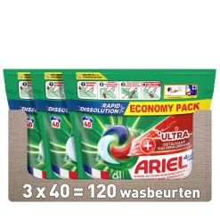 Outlet Ariel Pods+ Vloeibaar Wasmiddelcapsules + Ultra Vlekverwijderaar - 3 X 40 Wasbeurten - 120 Wasbeurten