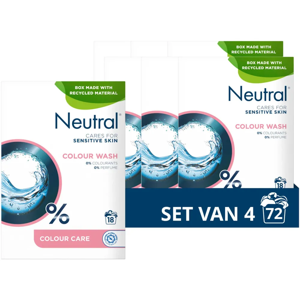 Outlet Neutral Parfumvrij Kleur Waspoeder - 4 X 18 Wasbeurten - Voordeelverpakking - 72 Wasbeurten