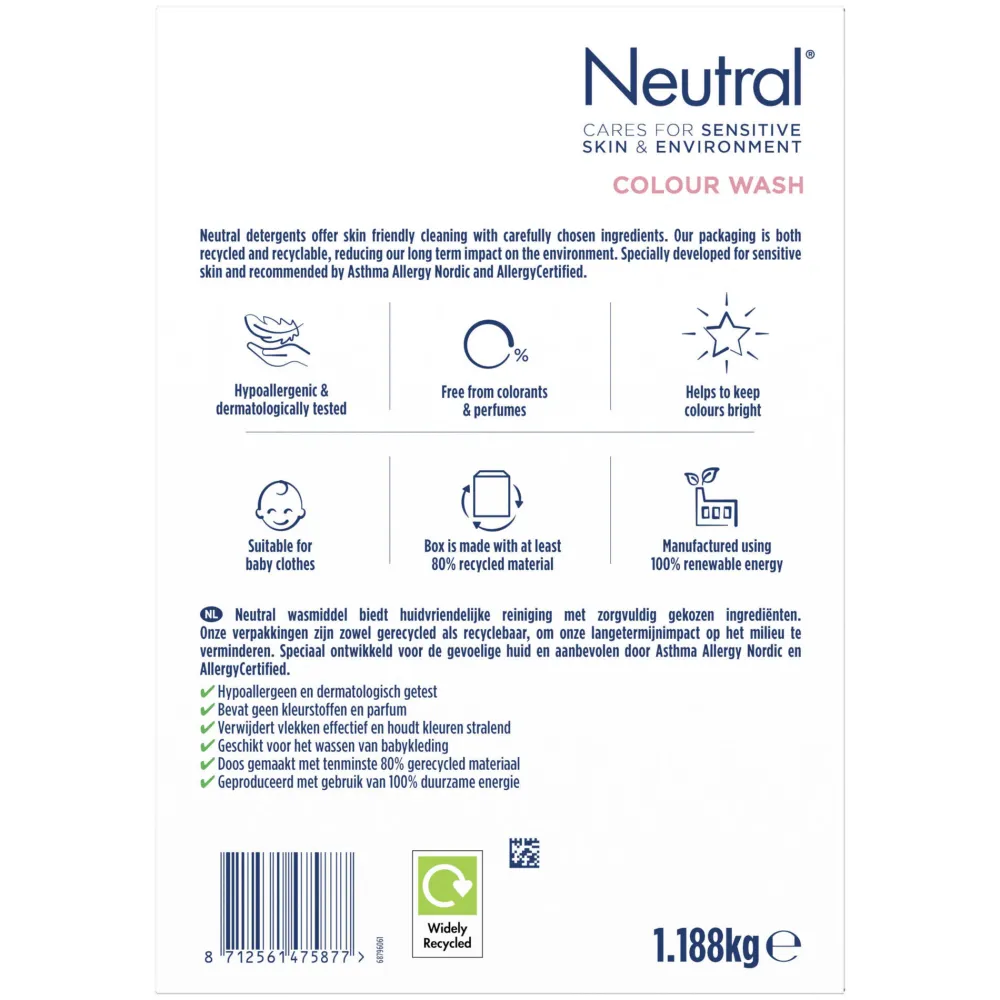 Outlet Neutral Parfumvrij Kleur Waspoeder - 4 X 18 Wasbeurten - Voordeelverpakking - 72 Wasbeurten